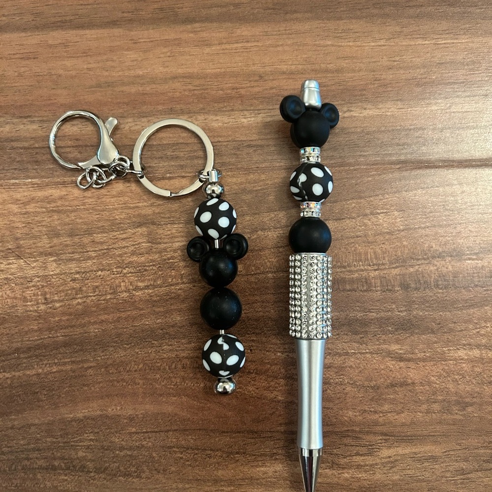 Mickey Mouse Inspired Black  and White Polka Dot Pen and Keychain Set